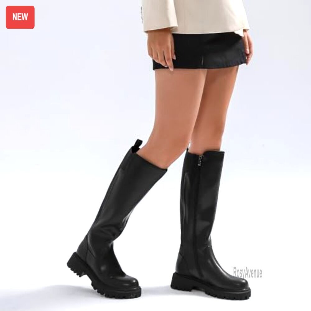 Women's Knee High Boots Platform Lug Sole Stretch Calf Riding Boots - Picture 2 of 7